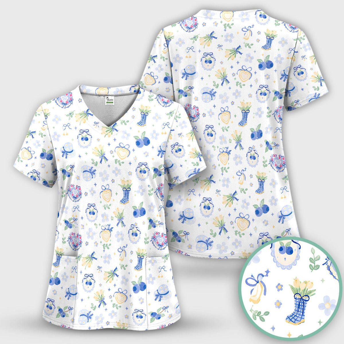 Cute Blueberry Bow Nurse Scrub Set