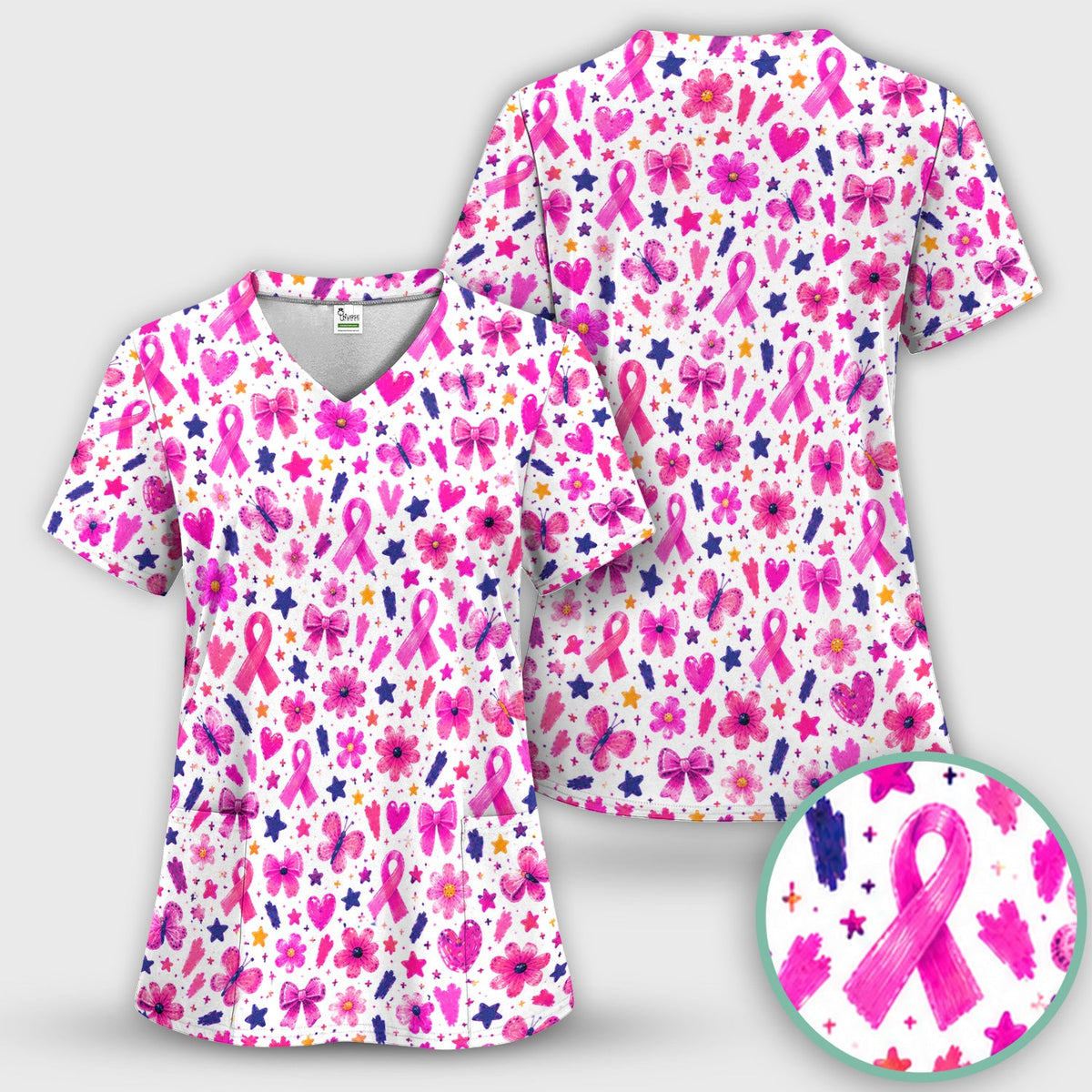 Pink Ribbon Floral Breast Cancer Nurse Scrub Set