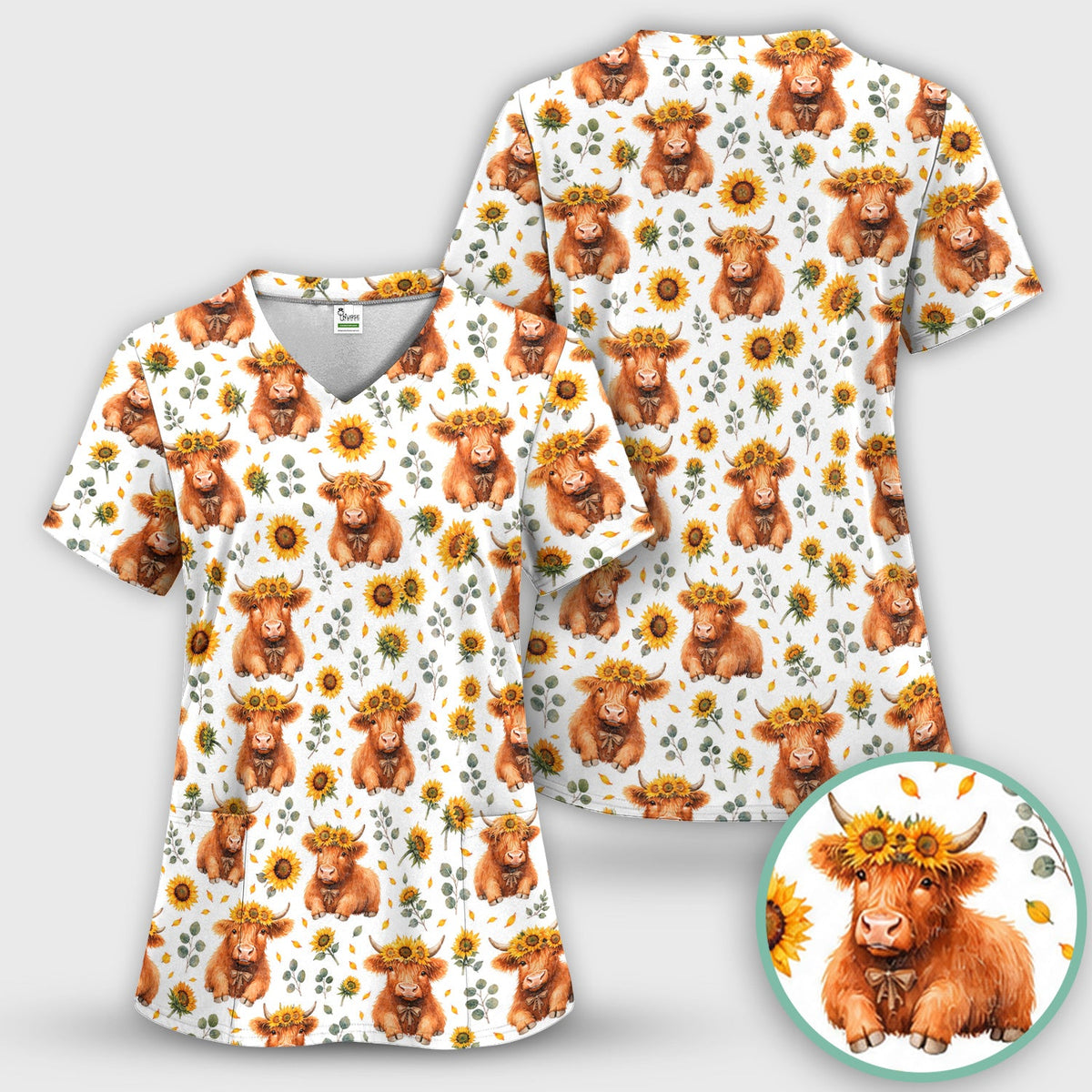 Rustic Highland Cow Floral Nurse Scrub Top