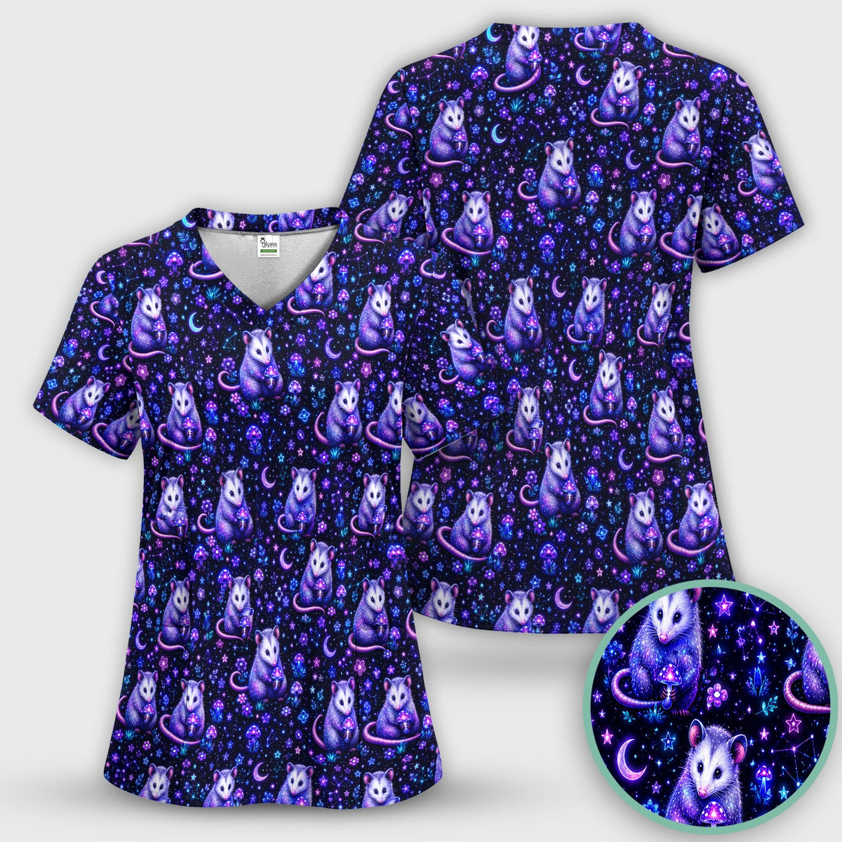 Neon Opossum Mushroom Galaxy Nurse Scrub Top
