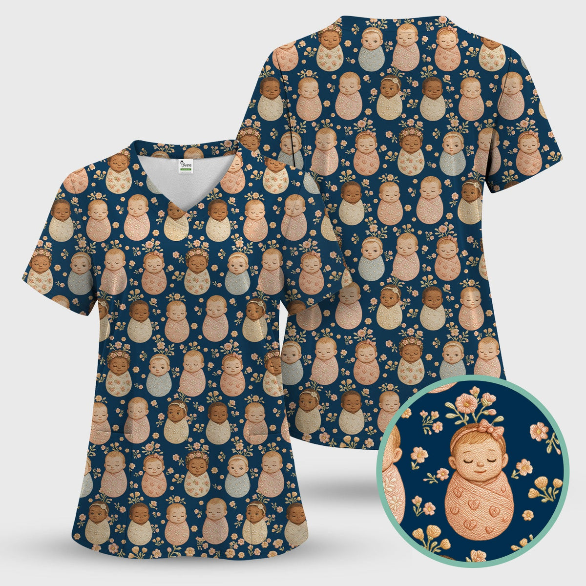 Sweet Newborn Baby Floral Print Women's Scrub Set, Breathable Med Uniform