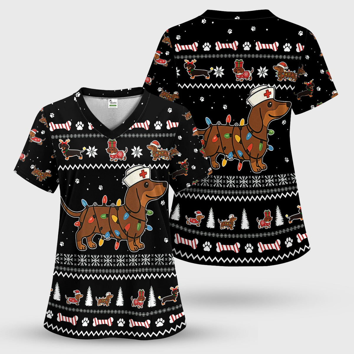 Christmas Dachshund Nurse Scrub Top for Women - Cute Sausage Dog Wearing Lights - Funny Holiday Medical Shirt Gift for RN CNA LPN