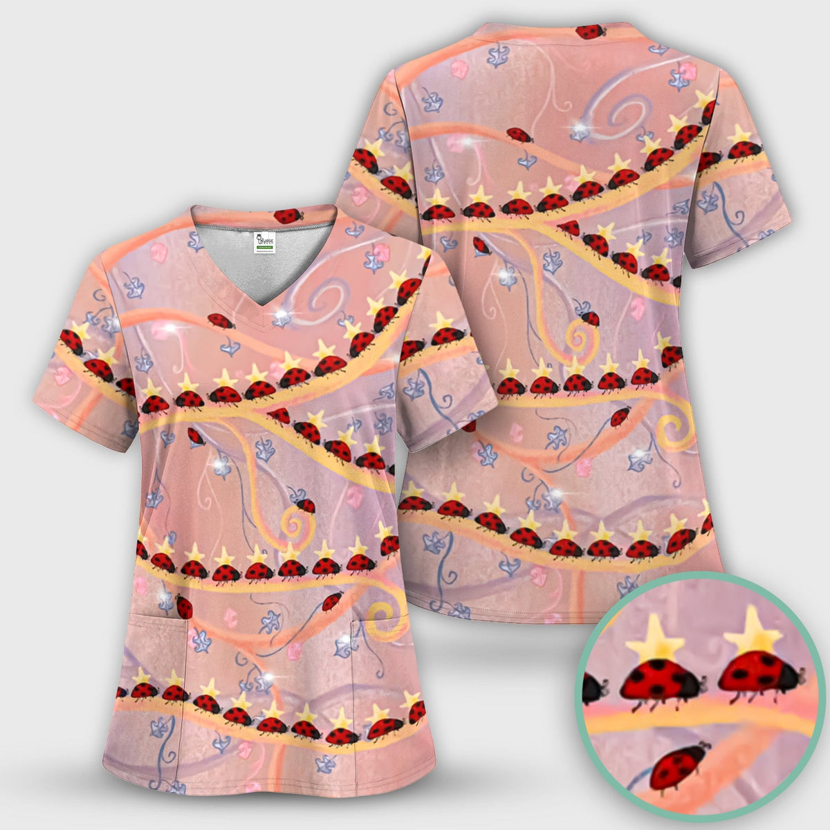Ladybug Star Vine Swirl Nurse Scrub Set