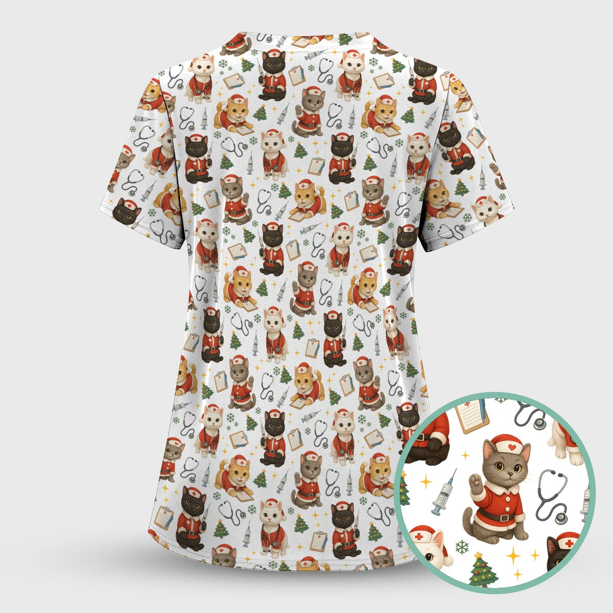 Funny Nurse Scrub Top for Women - Christmas Lucky Cat Design - Cute Holiday Nursing Shirt Gift for RN LPN CNA