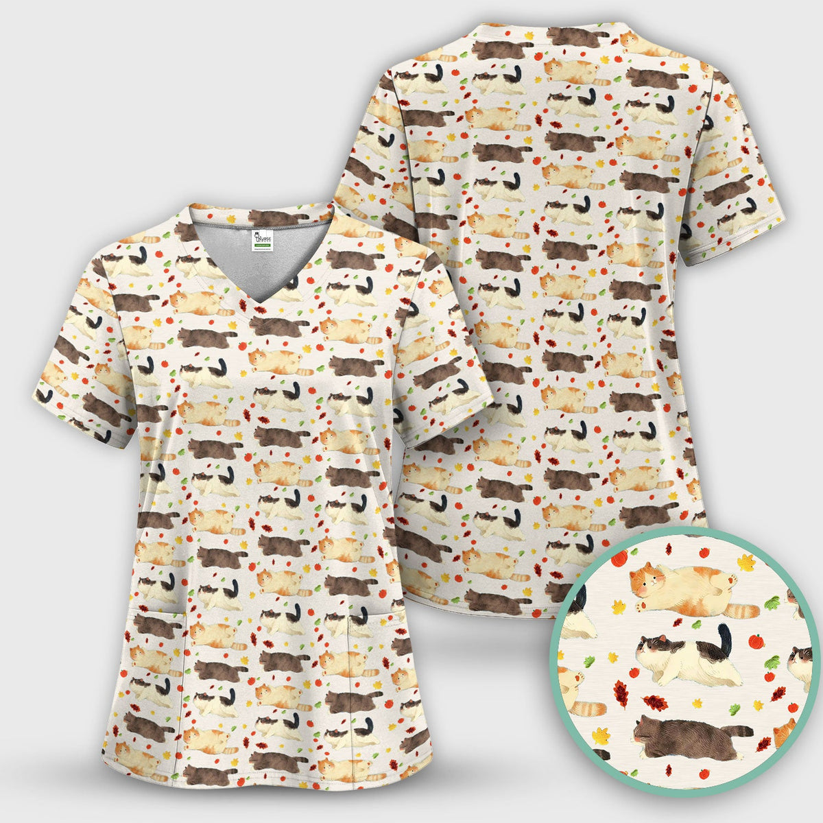 Chubby Cat Autumn Leaves Nurse Scrub Top