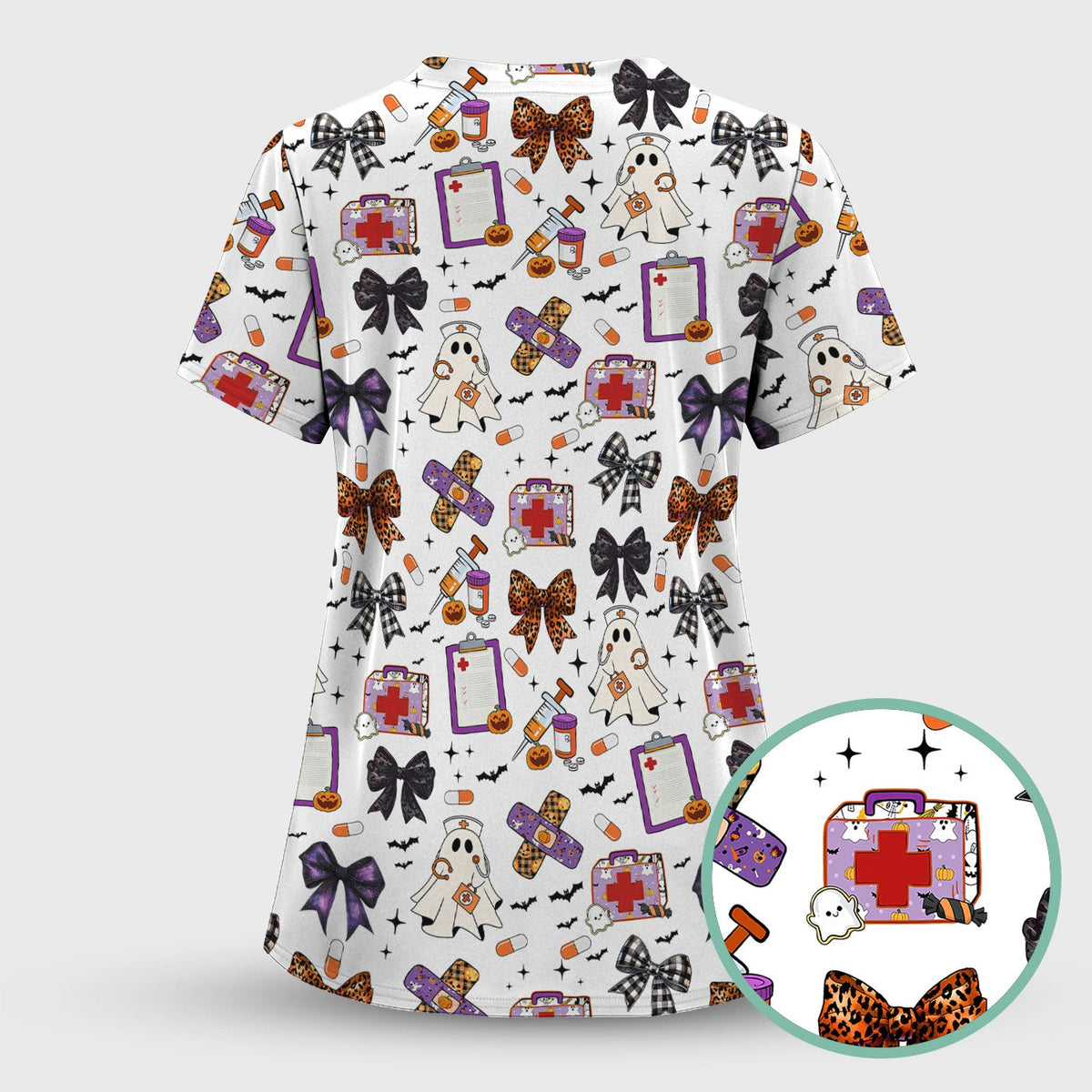 Spooky Ghost Pumpkin Bow Nurse Scrub Top