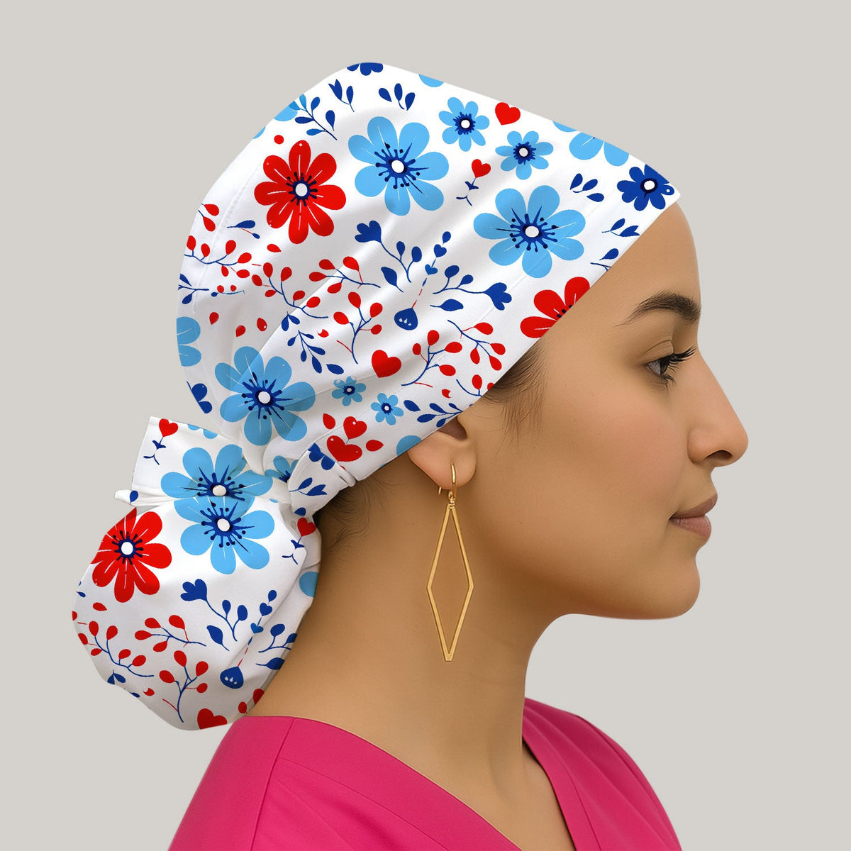 Symmetrical Folk Floral Heart Scrub Cap