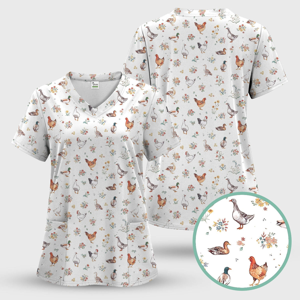 Farm Chicken Duck Floral Pattern Scrubs Top, Comfortable Scrubs for Nurses