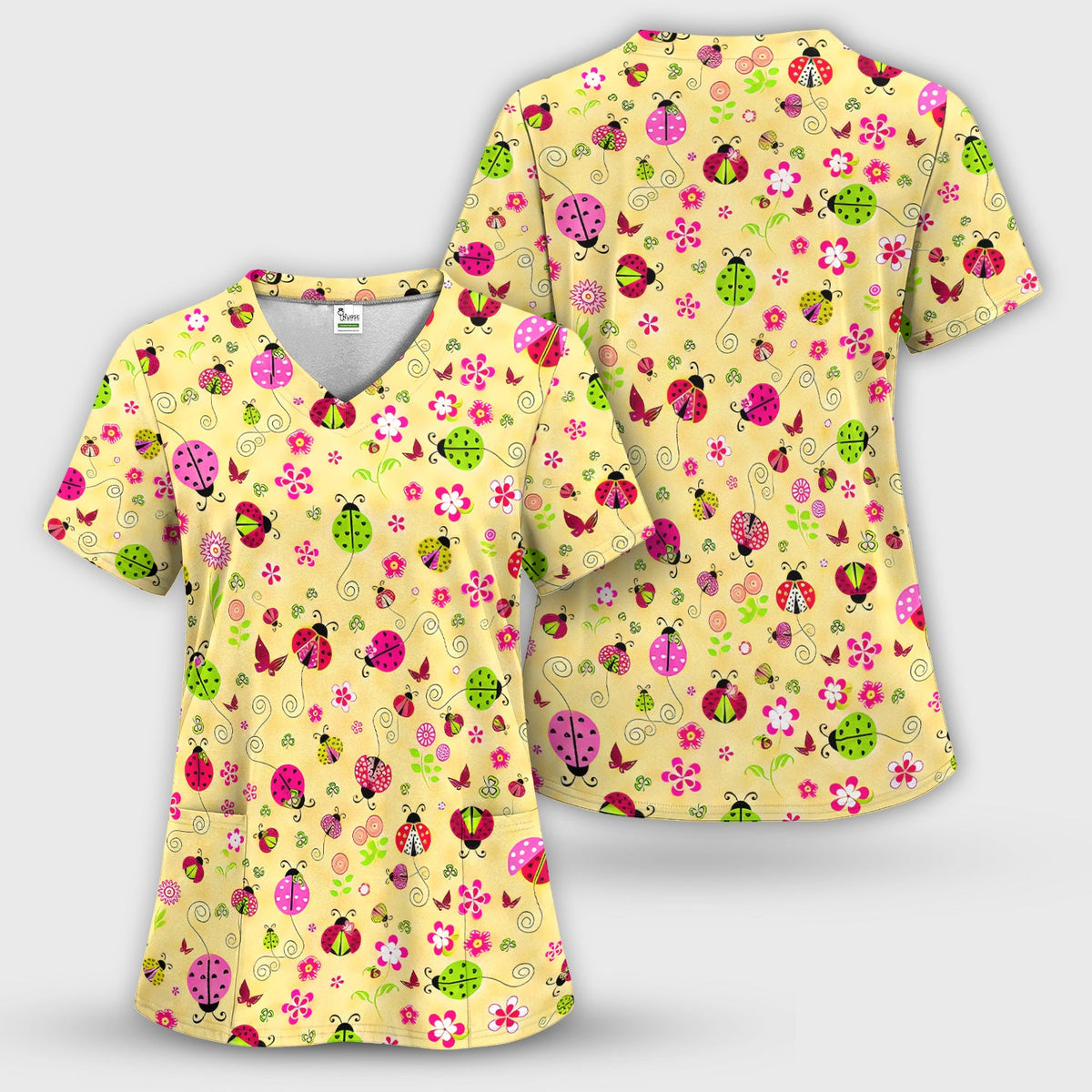 Yellow Ladybug Floral Garden Nurse Scrub Set
