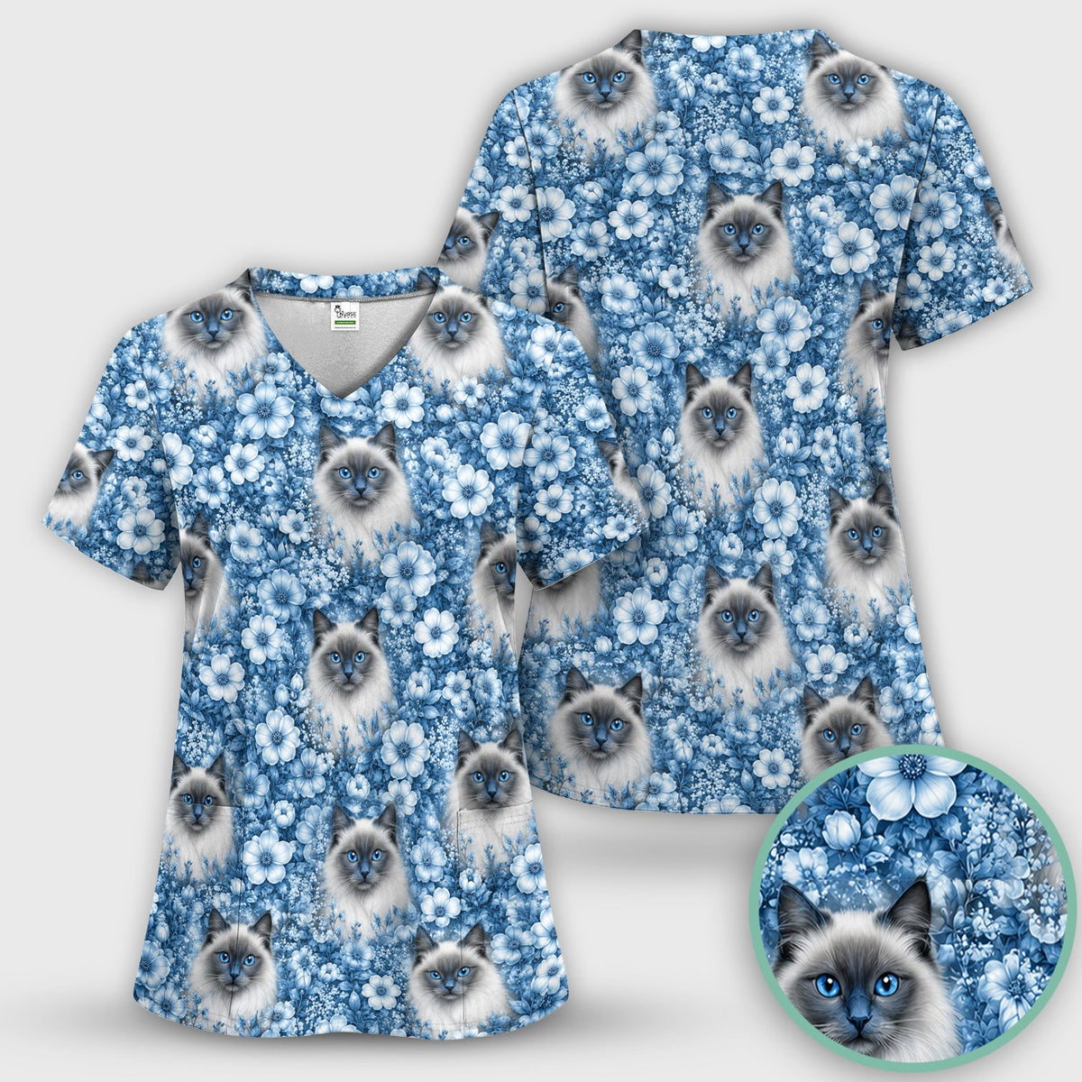 Blue Floral Ragdoll Cat Nurse Scrub Set