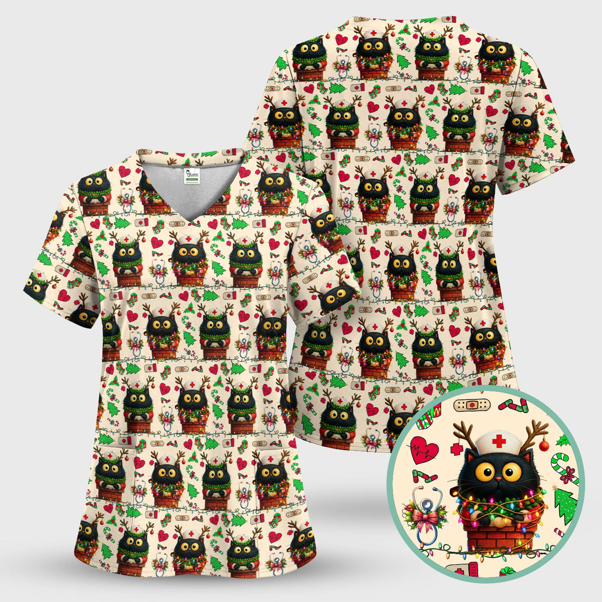 Reindeer Cat Christmas Lights Nurse Scrub Top