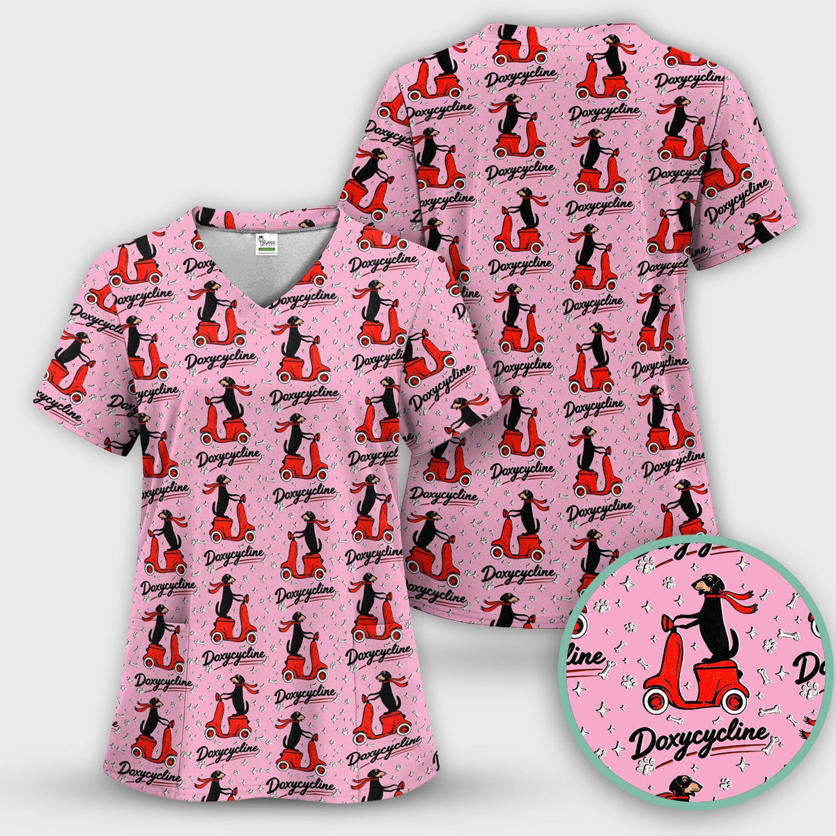 Dachshund Riding Scooter Nurse Scrub Set