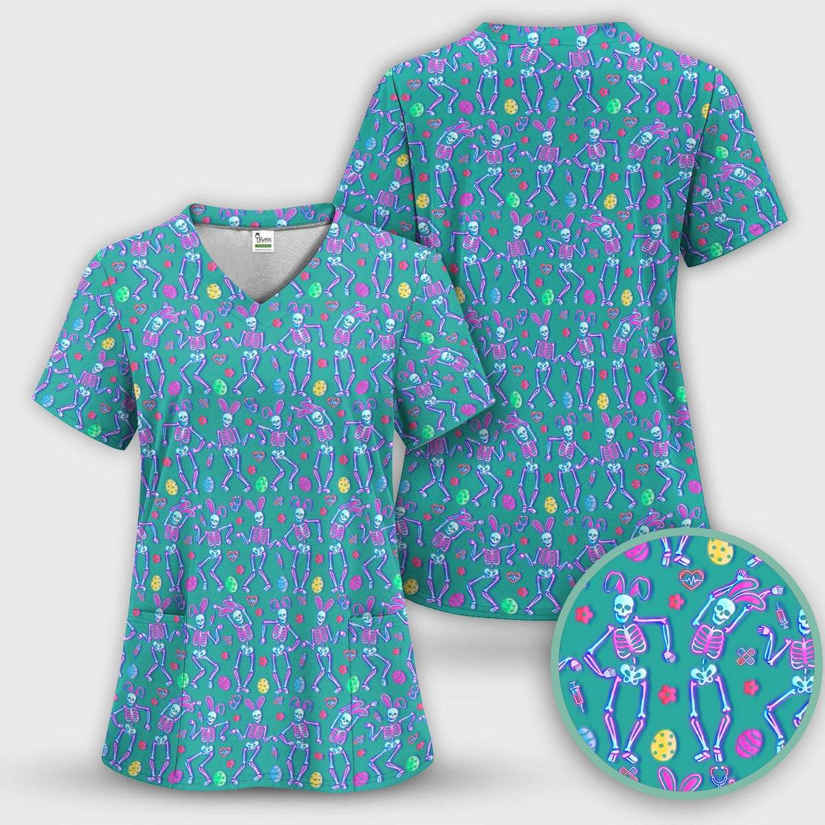 Neon Easter Skeleton Print Scrub Set, Scrub Pants and V Neck Top