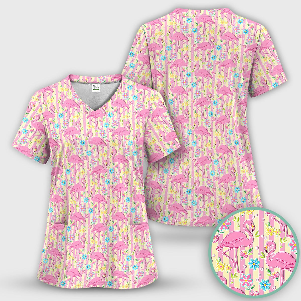 Pink Flamingo Flower Stripe Nurse Scrub Top