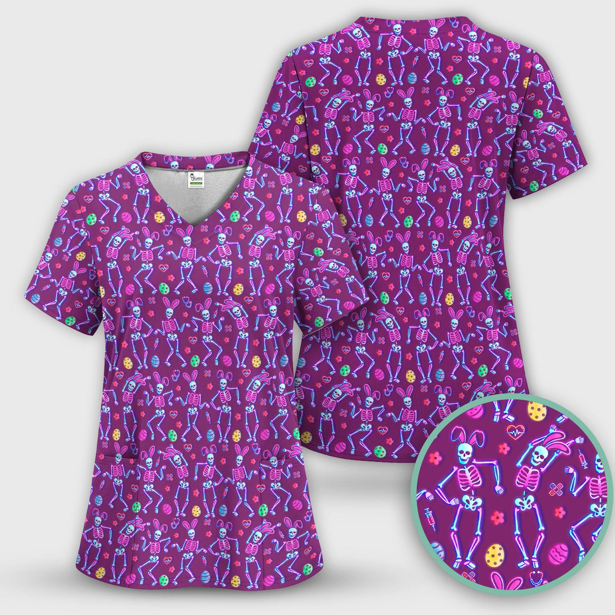 Neon Easter Skeleton Print Scrub Set, Scrub Pants and V Neck Top