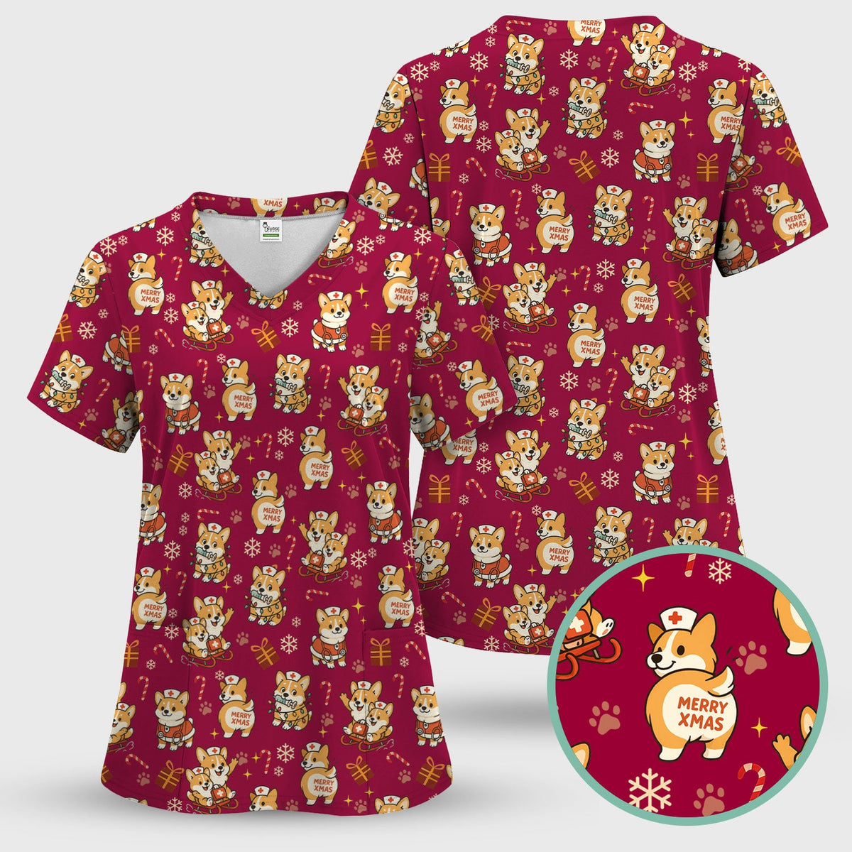 Cute Corgi Dog Scrubs for Christmas - Festive Puppy Pattern Medical Scrub Top - Holiday Christmas Scrubs with Charming Corgi Print