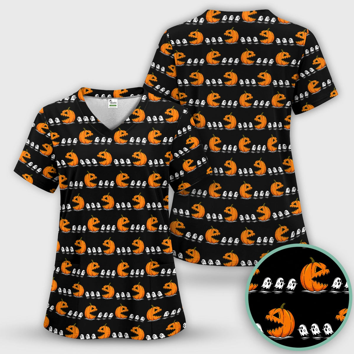 Spooky Pumpkin Ghost Nurse Scrub Top