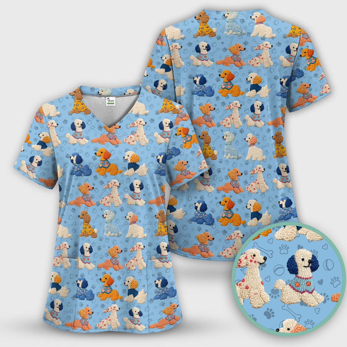 Cute Colorful Poodle Pattern Scrub Set, Scrub Pants and V Neck Top