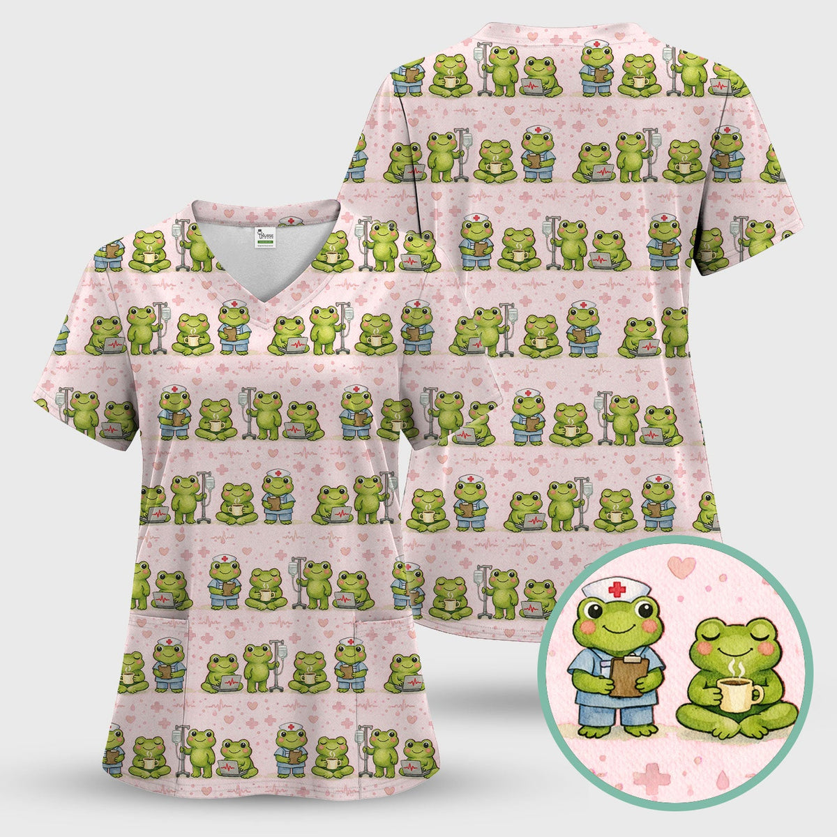 Adorable Frog Various Poses Nurse Scrub Set