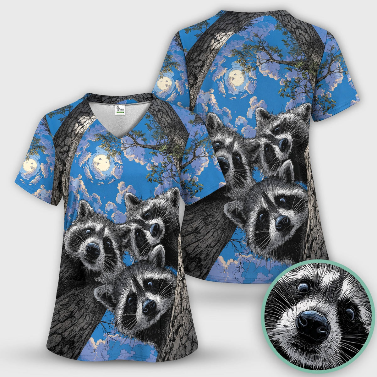 Cute Raccoon Tree Veterinary Pattern Scrub Top, Comfortable Scrubs for Nurses