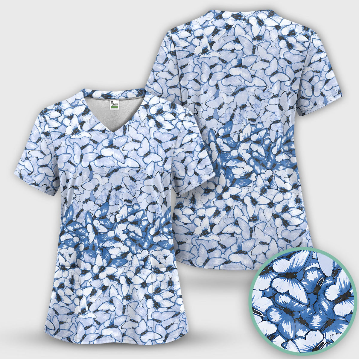 Blue Butterfly Floral Nurse Scrub Set