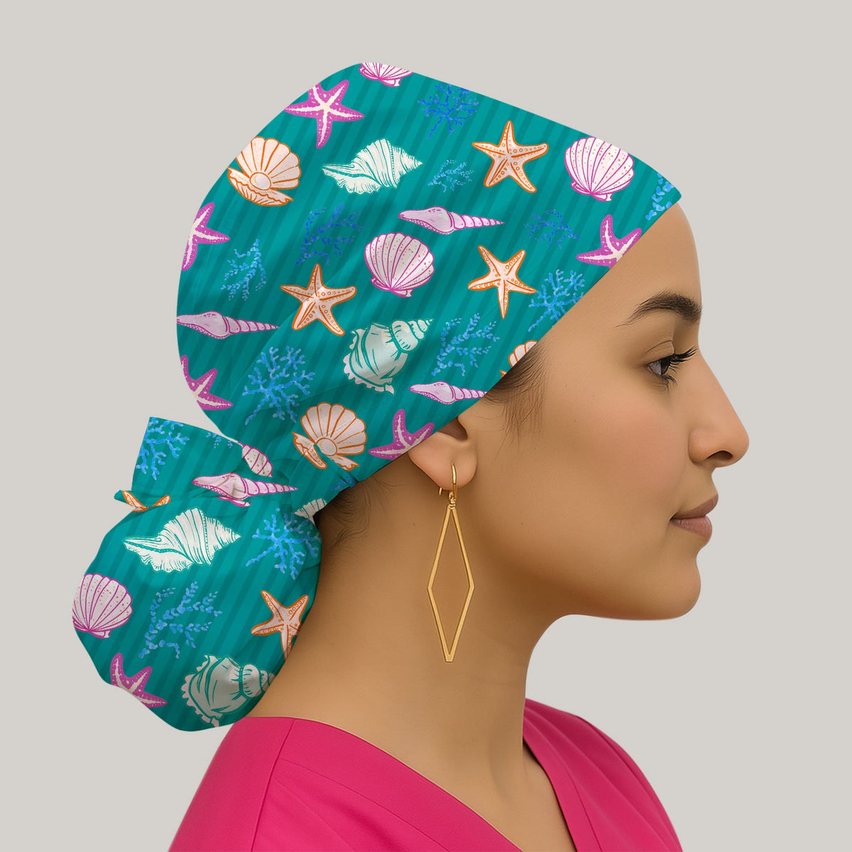 Colorful Seashell Starfish Ocean Stripe Scrub Cap