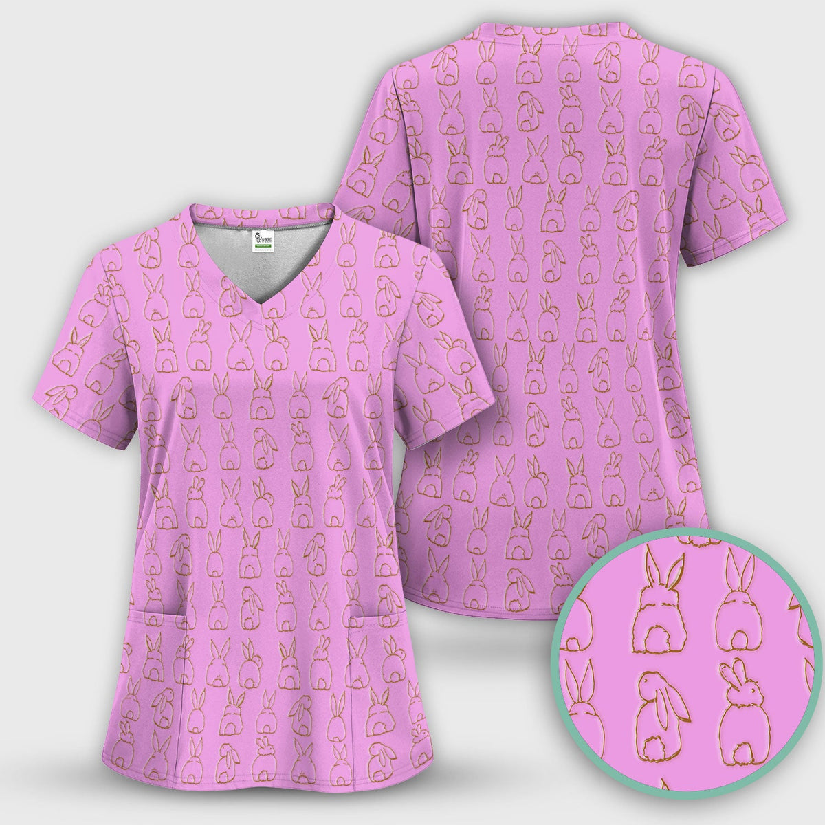 Cartoon Bunny Line Art Nurse Scrub Top - Easter Gift