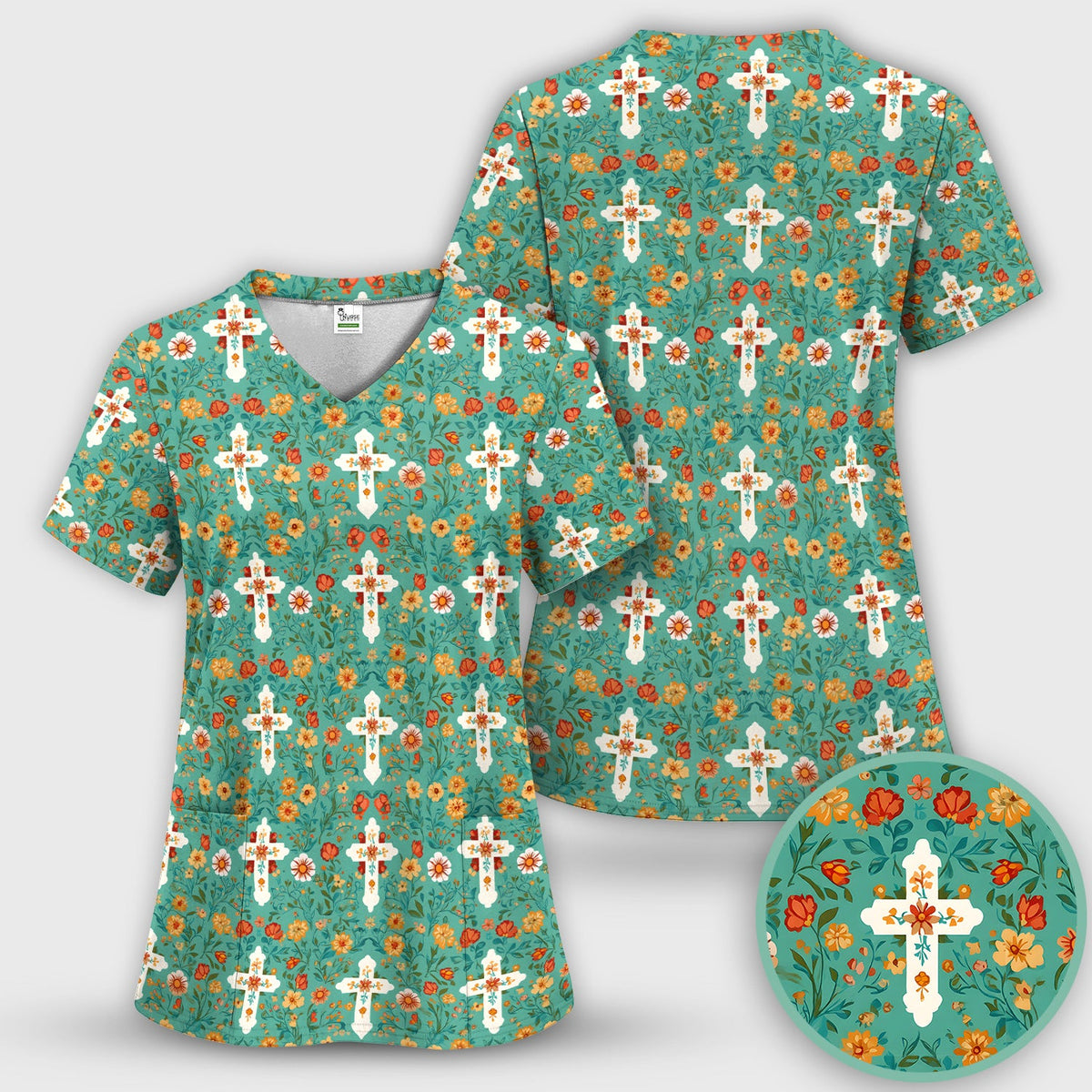 Christian Faith Floral Cross Nurse Scrub Top