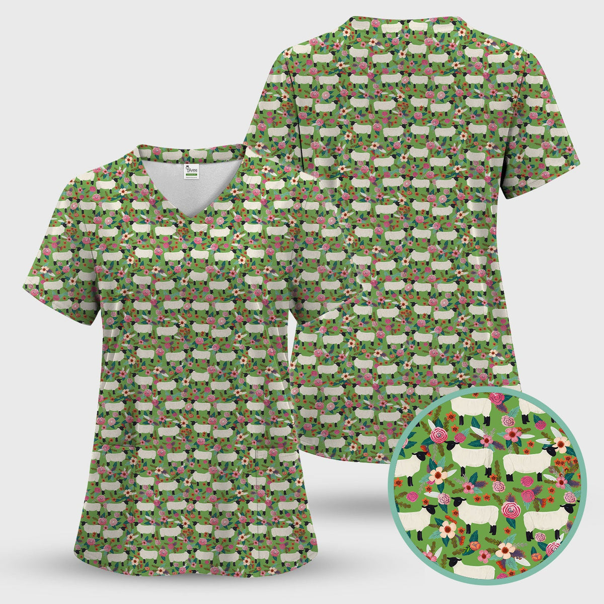 Sheep Floral Meadow Nurse Scrub Top