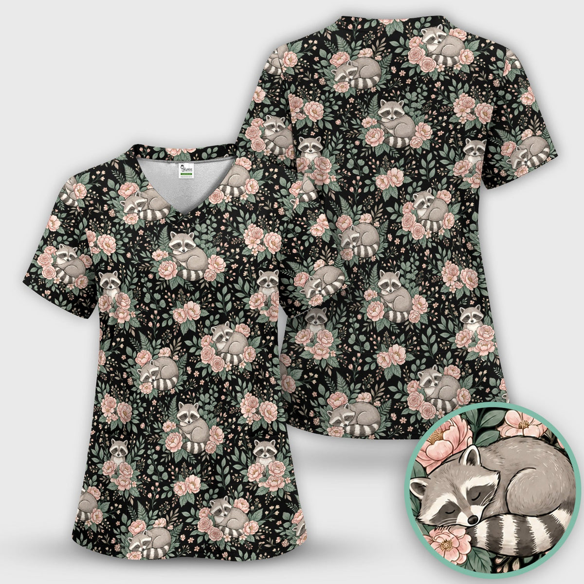 Sleeping Raccoon Rose Garden Nurse Scrub Top