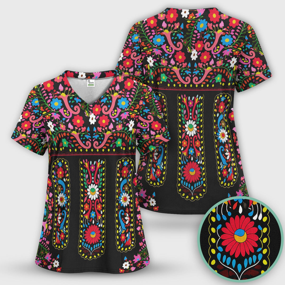 Colorful Folk Art Floral Nurse Scrub Set