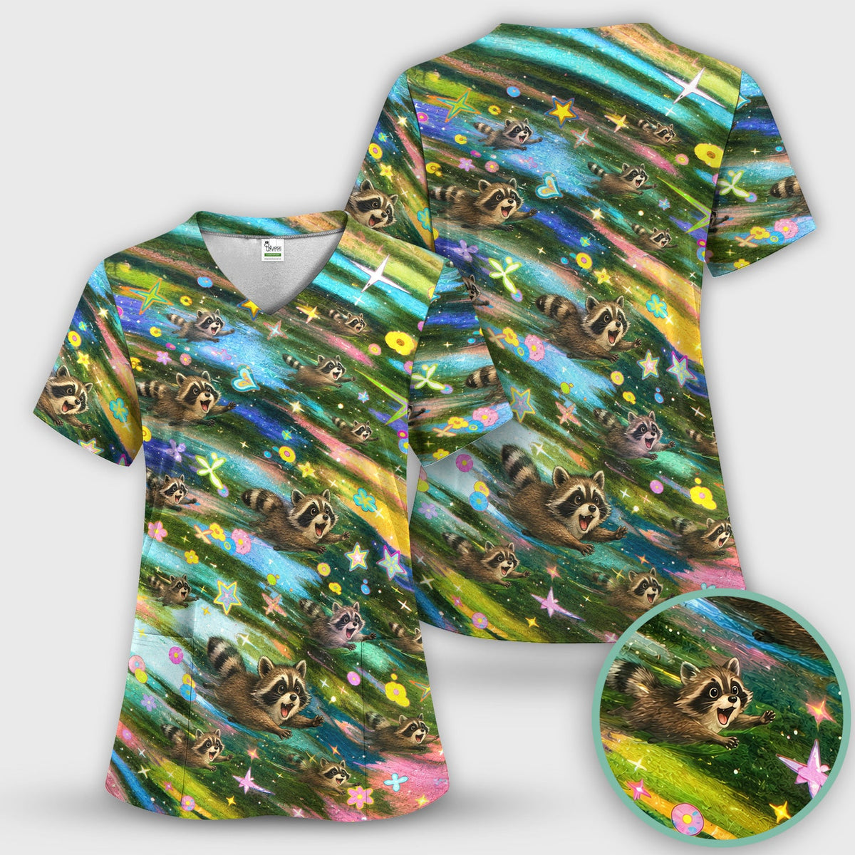 Raccoon Rainbow Dash Nurse Scrub Top