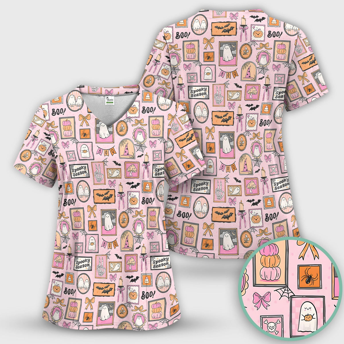 Pink Halloween Ghost Gallery Nurse Scrub Top
