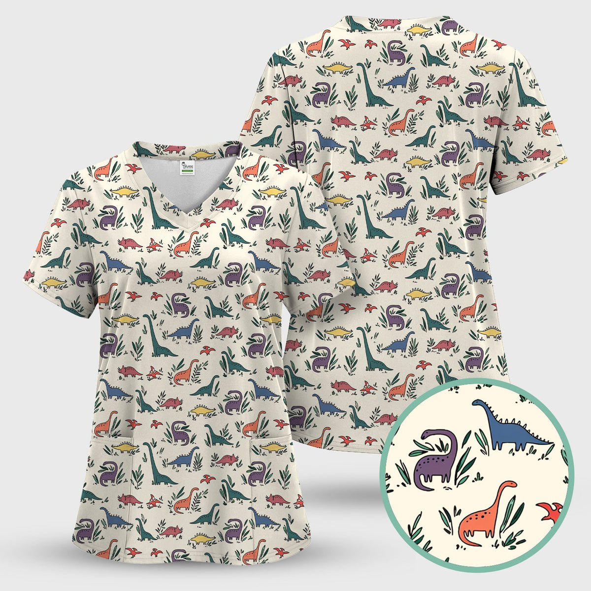 Dinosaur Leafy Garden Nurse Scrub Top