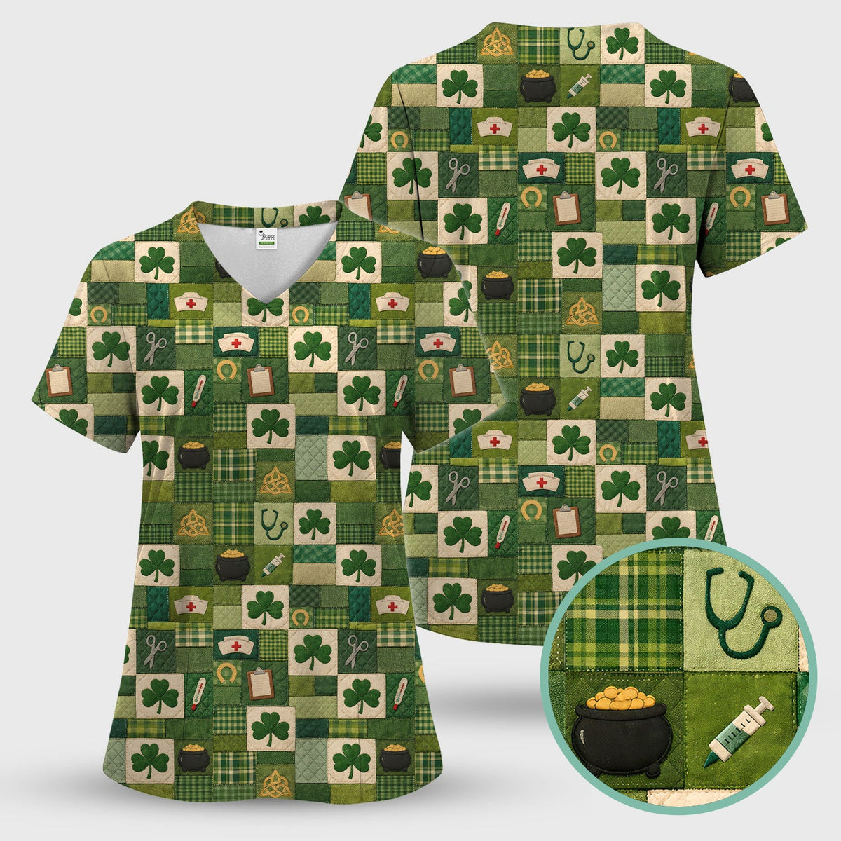 St Patrick Patchwork Shamrock Nurse Scrub Top