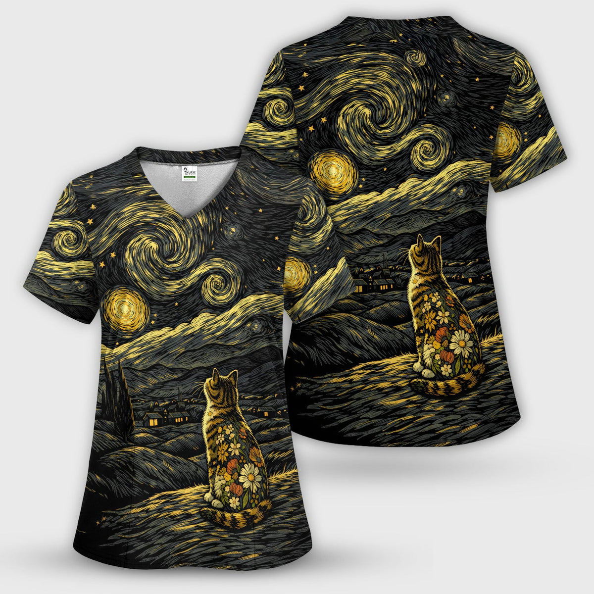 Galaxy Night Sky Cat Flowers Nurse Scrub Top