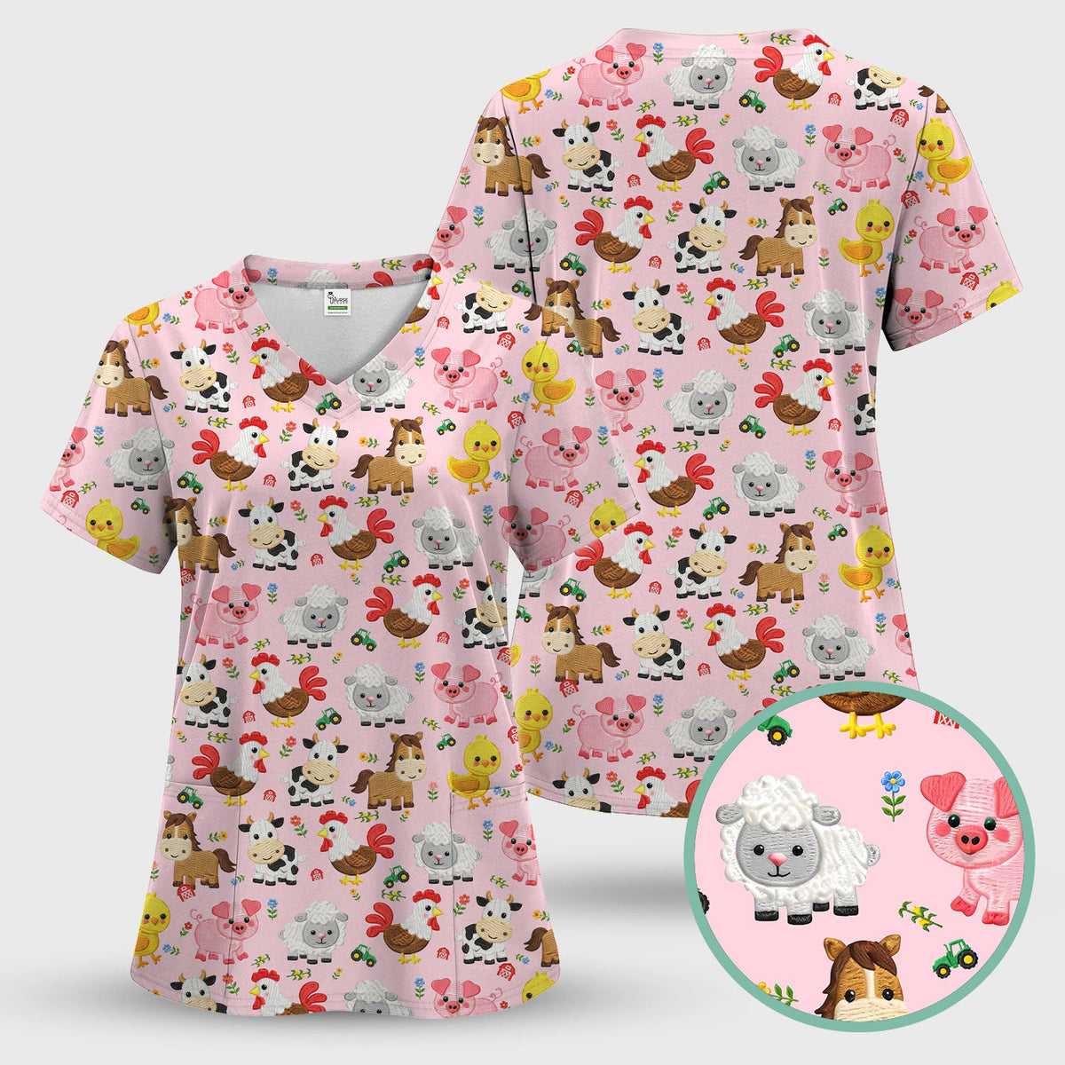 Cartoon Farm Animal Nurse Scrub Set