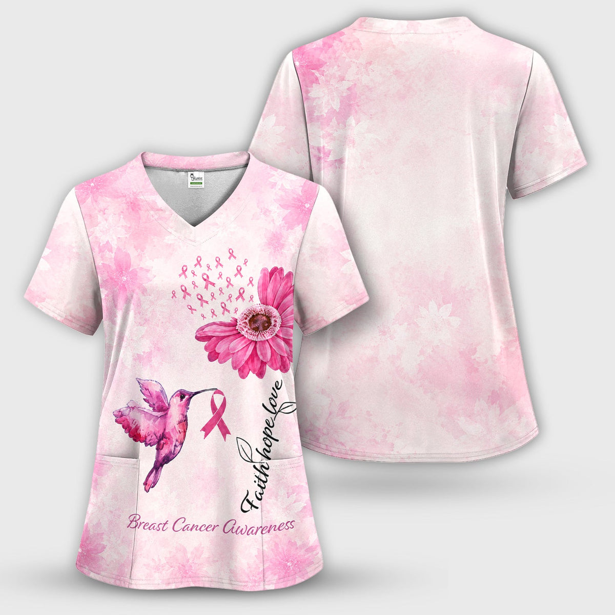 Breast Cancer Awareness Hummingbird Nurse Scrub Top