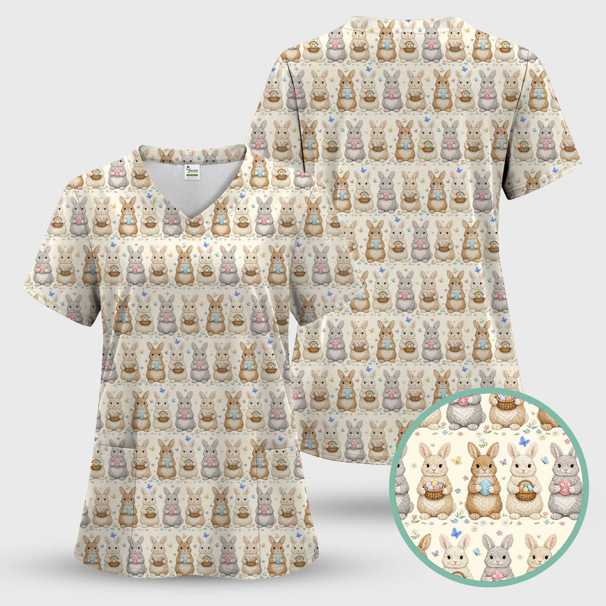 Bunny Basket Pastel Nurse Scrub Top - Easter Gift