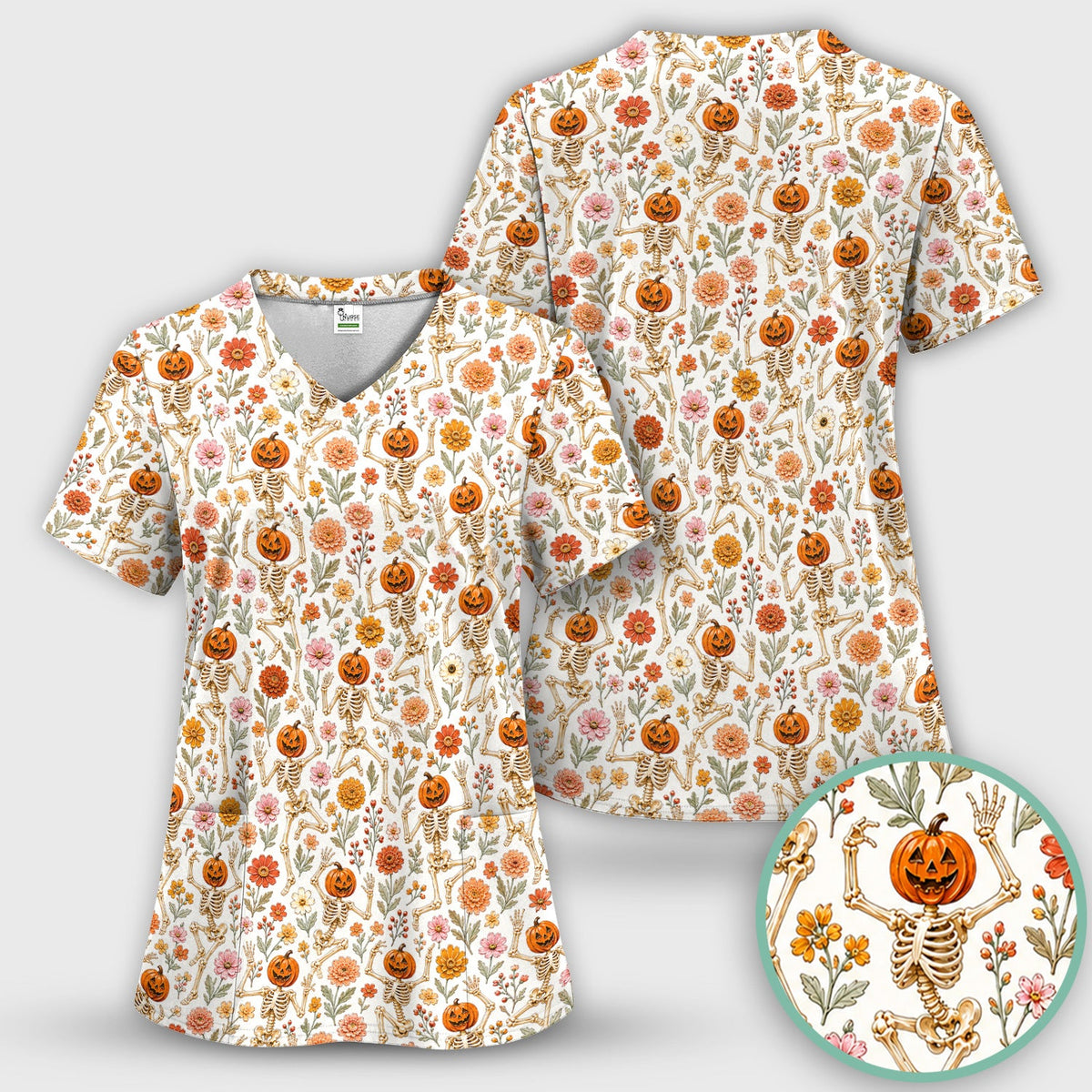 Pumpkin Skeleton Floral Nurse Scrub Top - Halloween Gift