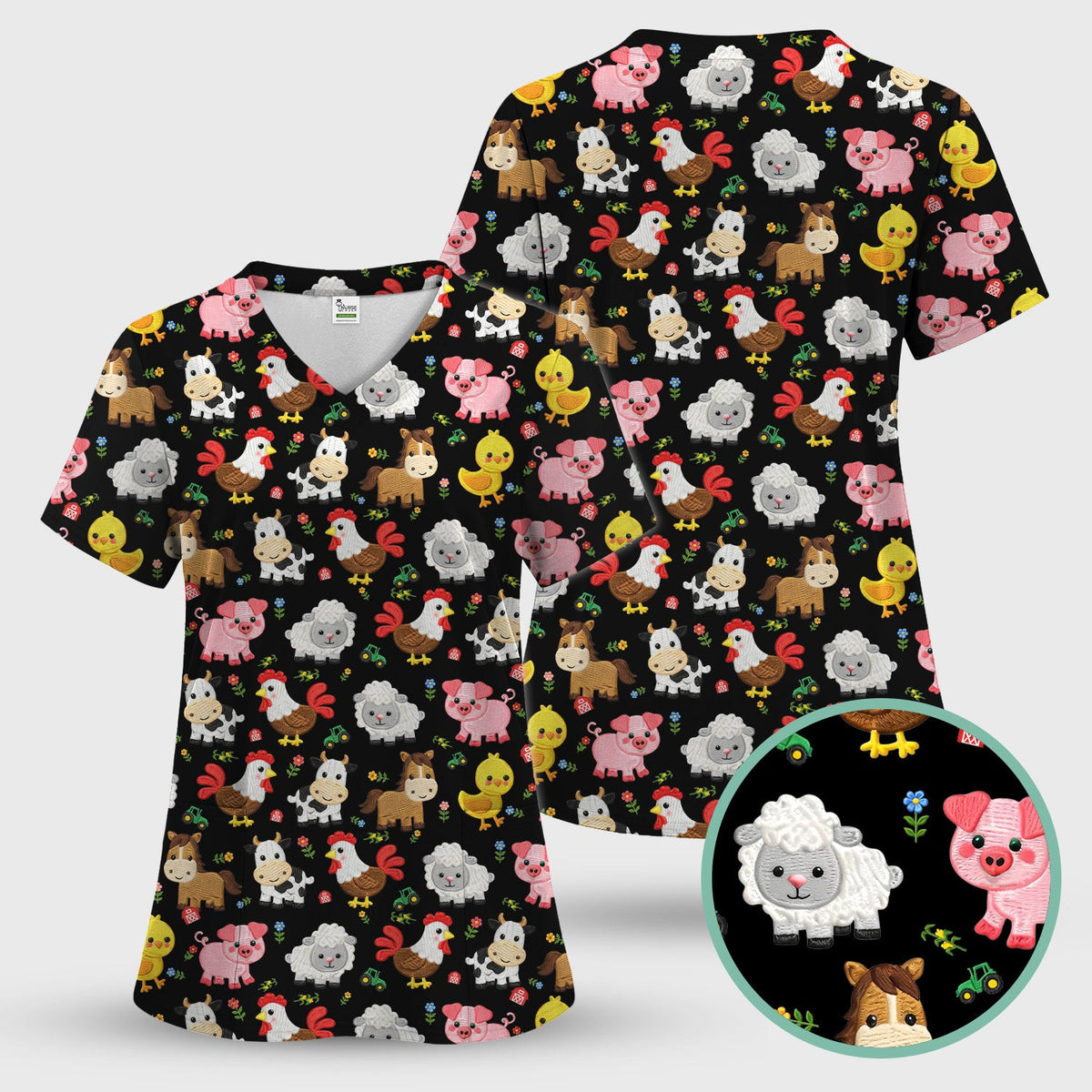 Cartoon Farm Animal Nurse Scrub Top