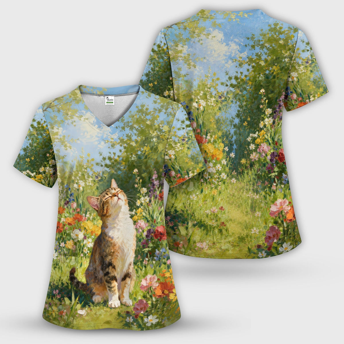 Whimsical Garden Cat Blossom Nurse Scrub Set