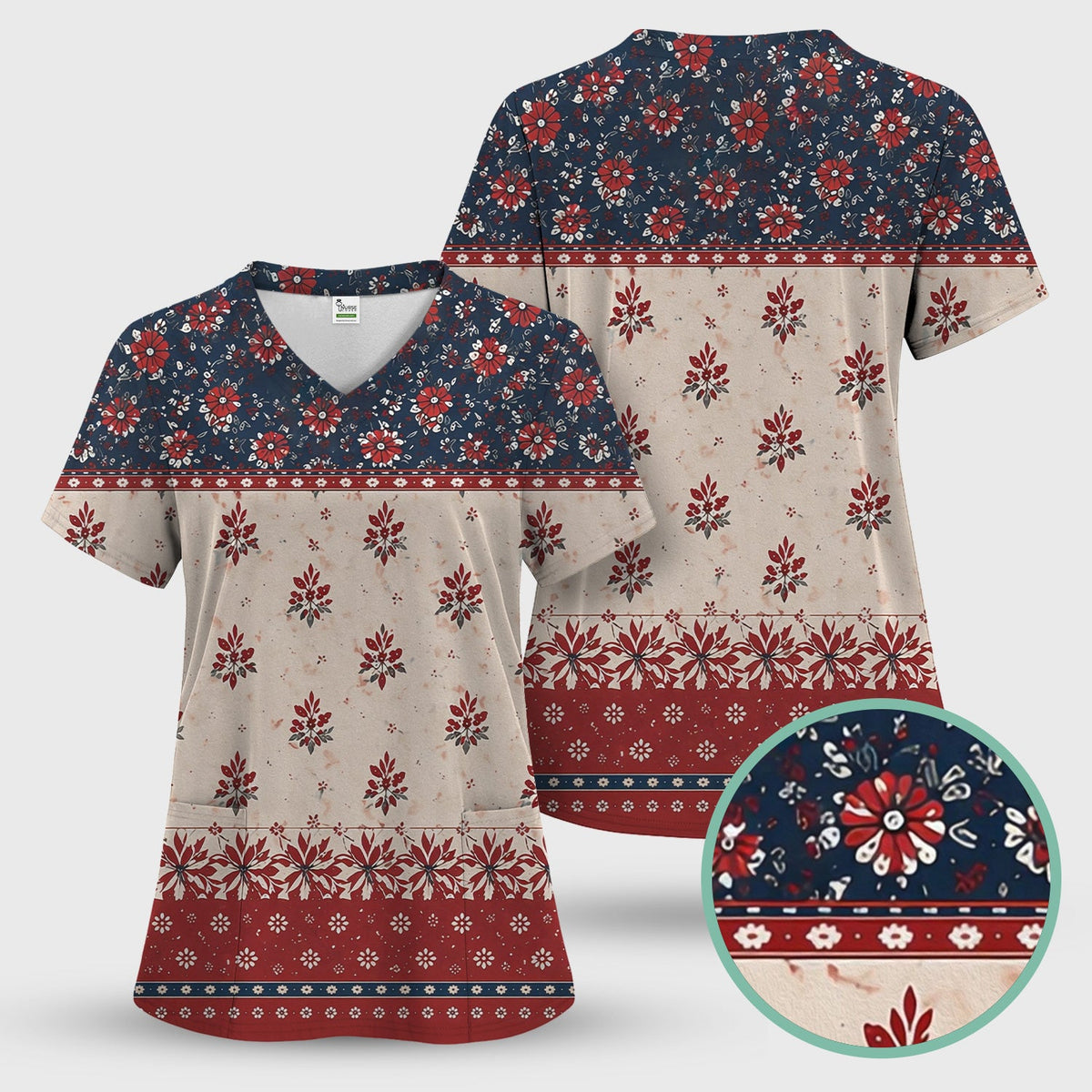Vintage Floral Border Red Blue Nurse Scrub Set