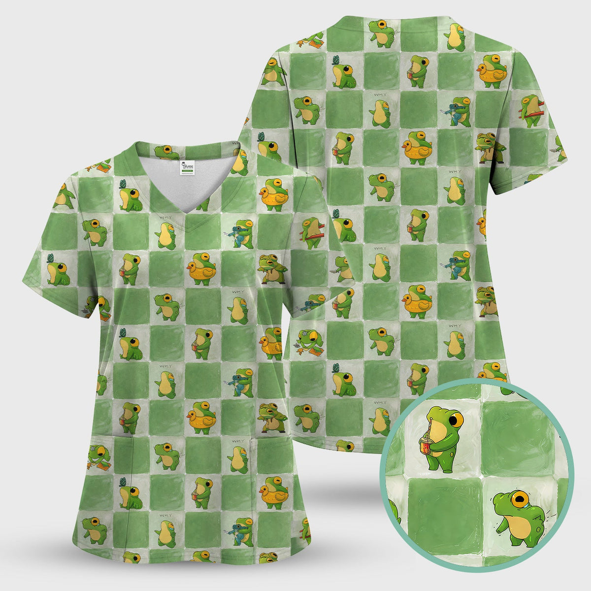 Frog Duck Checkerboard Nurse Scrub Top