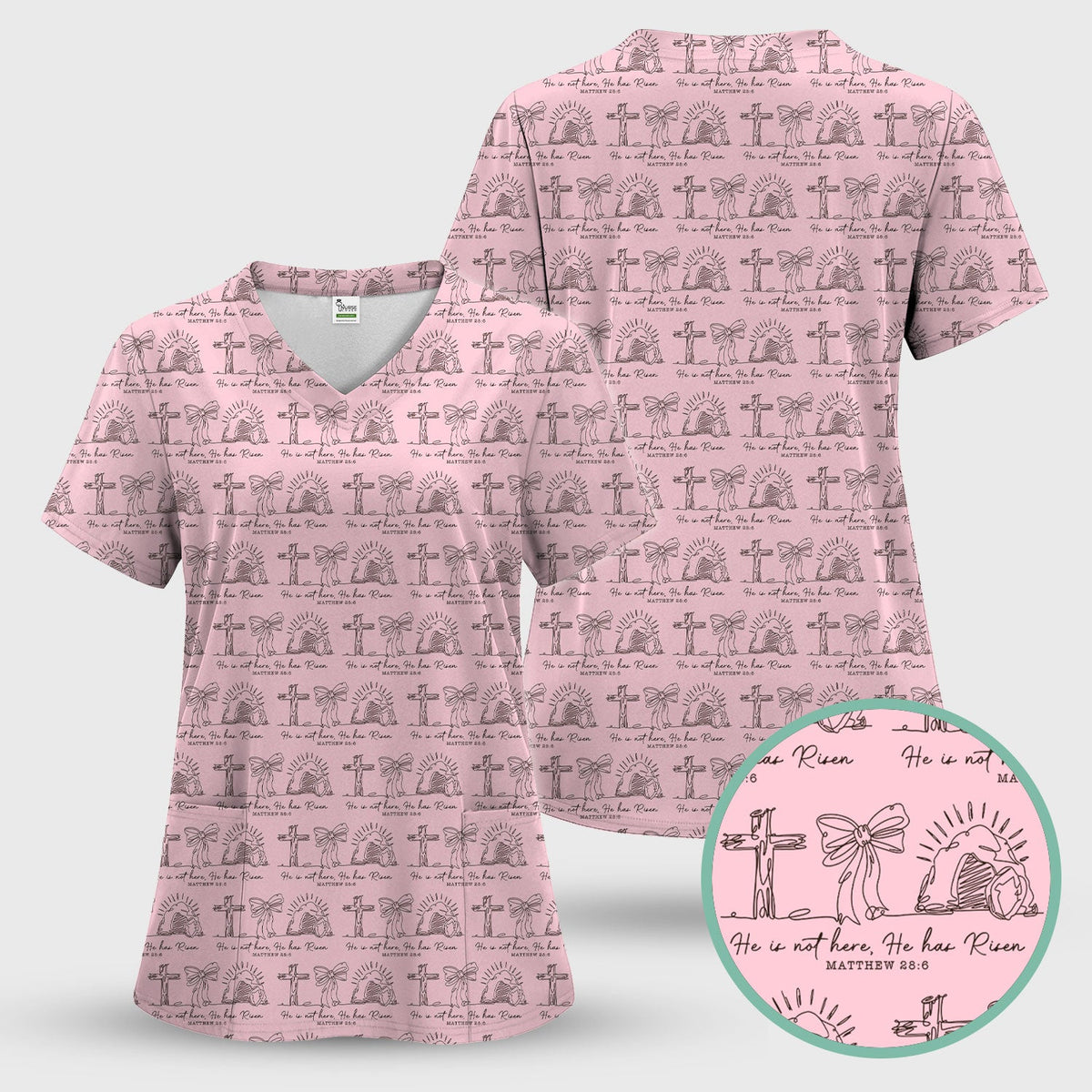 Christian Cross He Is Risen Pattern Scrubs Top, Comfortable Scrubs for Nurses