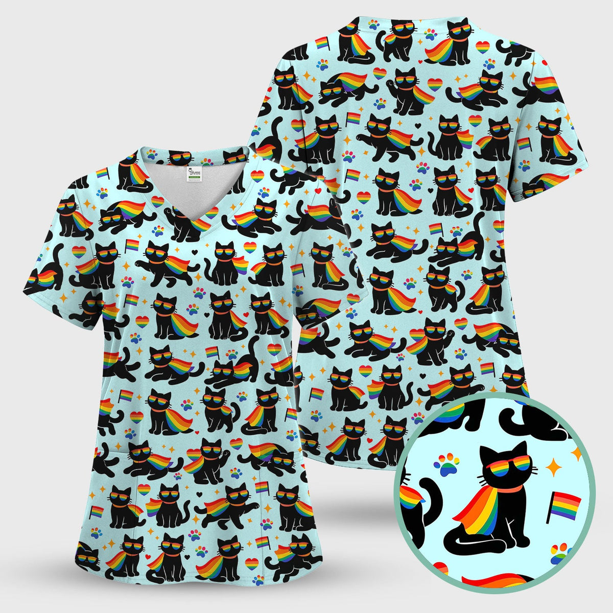 Rainbow Black Cat Pride Nurse Scrub Top