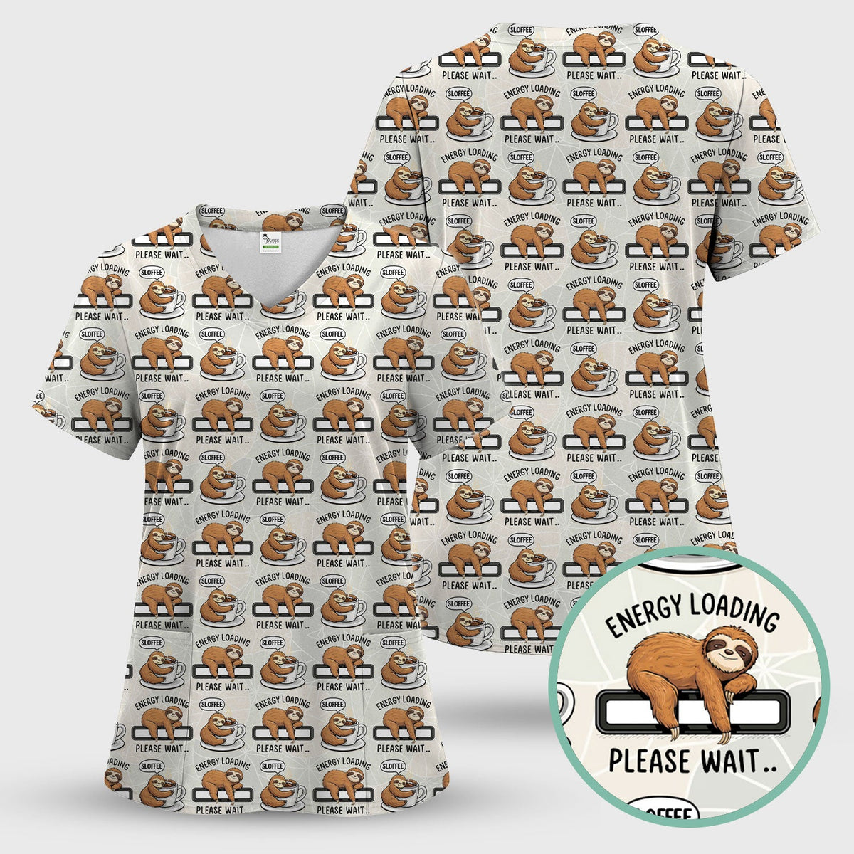 Sloth Coffee Energy Nurse Scrub Top