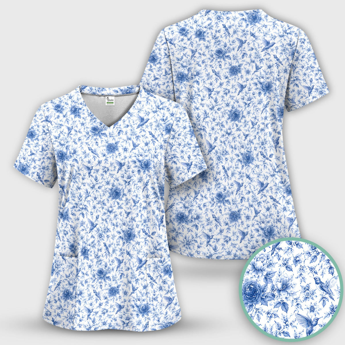 Blue Floral Hummingbird Toile Nurse Scrub Top