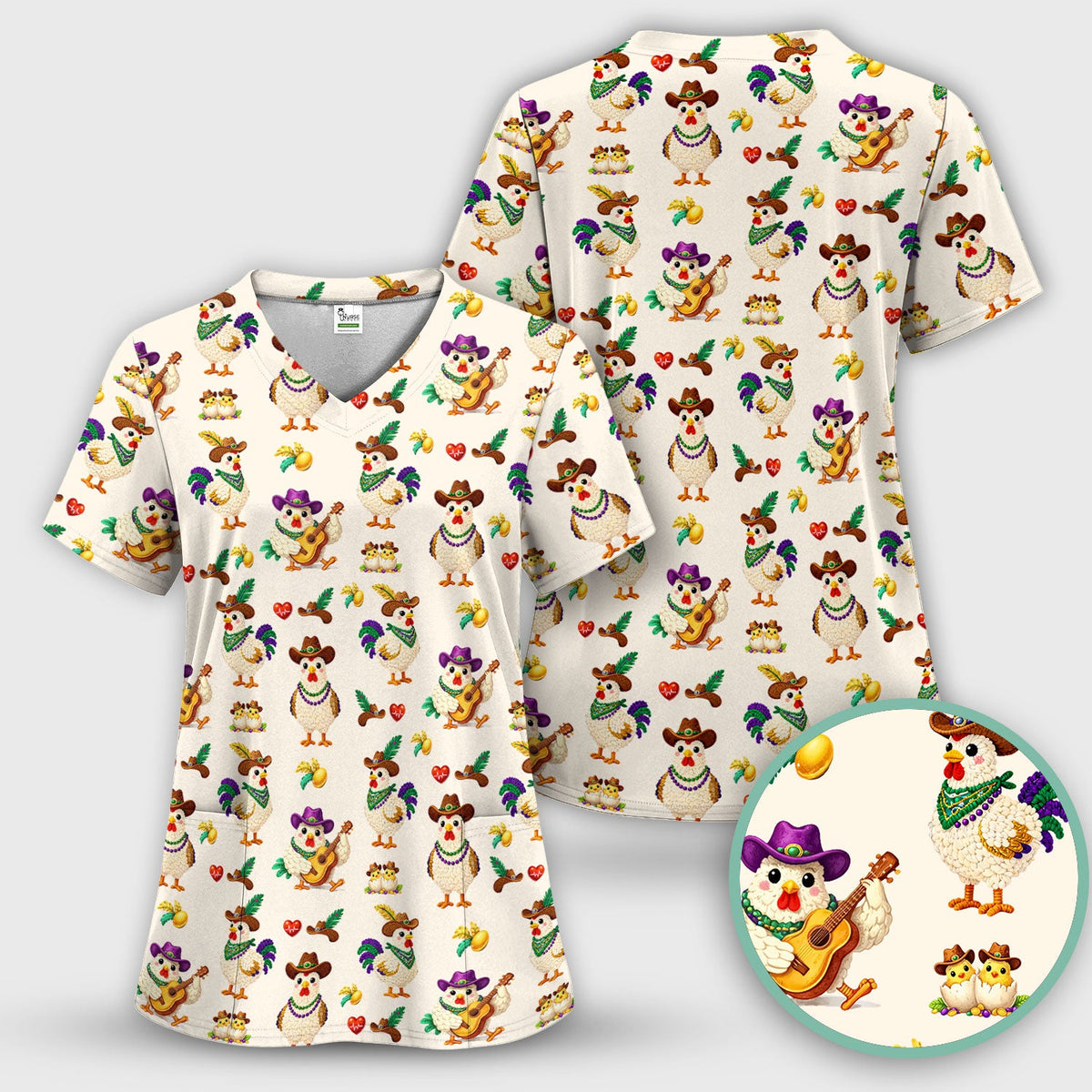 Mardi Gras Rooster Cowboy Nurse Scrub Set
