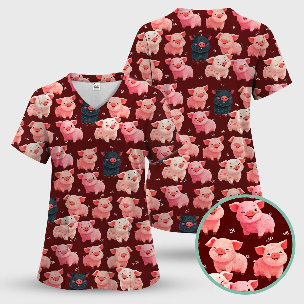 Funny Farm Pig Cartoon Pattern Scrub Top, Comfortable Scrubs for Nurses